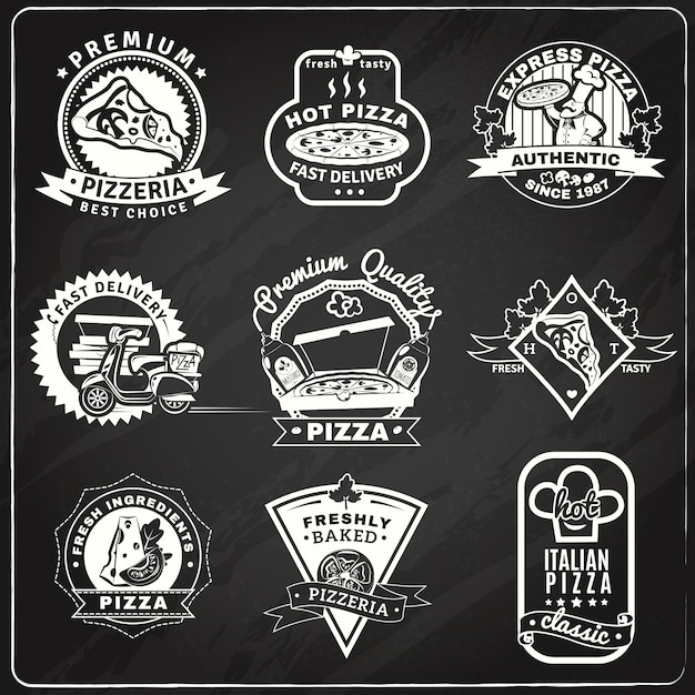 Bezpłatny wektor zestaw herbów pizza chalkboard