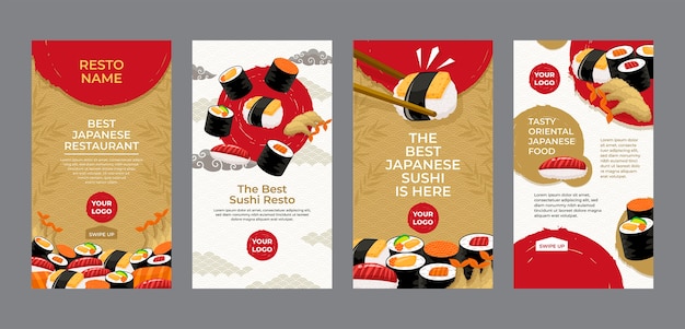 Bezpłatny wektor zestaw historii japońskiej restauracji na instagramie