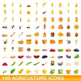 Zestaw ikon 100 rolnictwa. ilustracja kreskówka 100 ikon rolnictwa wektor zestaw na białym tle