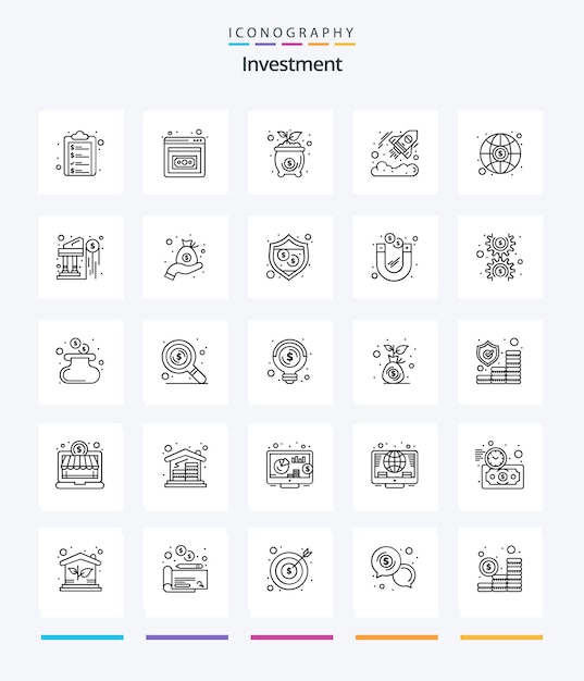 Bezpłatny wektor zestaw ikon creative investment 25 outline takich jak pieniądze, globalny koszt waluty startowej