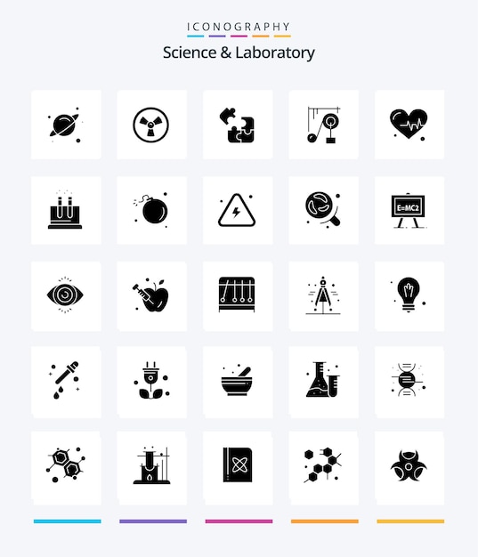 Zestaw ikon Creative Science 25 Glyph Solid Black, takich jak nauka rytmu laboratoryjnego, nauka o sercu