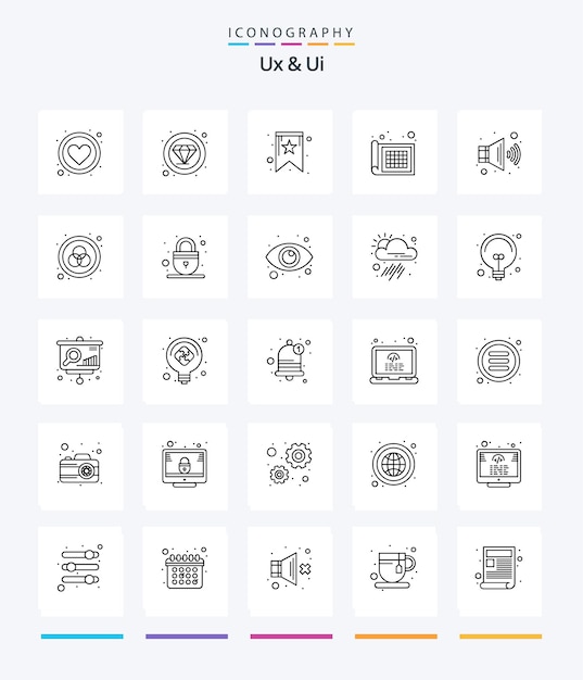 Zestaw ikon Creative Ux And Ui 25 OutLine, takich jak kolorowe zakładki do projektowania stron internetowych z głośnikami