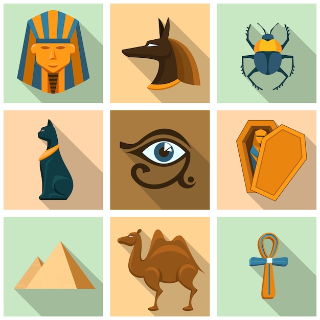Bezpłatny wektor zestaw ikon egiptu. piramida, trumna i sarkofag, mumia i sekret, archeologia i sfinks, wielbłąd i chrząszcz