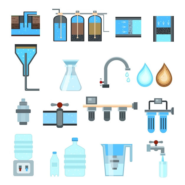 Bezpłatny wektor zestaw ikon filtracji wody