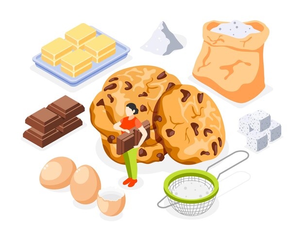 Zestaw ikon izometryczny piekarni z mąki, cukru, masła, jajek, czekolady i przygotowanych ciasteczek na białym tle