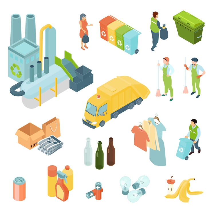Bezpłatny plik Wektor zestaw ikon izometryczny recyklingu śmieci