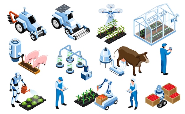 Bezpłatny wektor zestaw ikon izometrycznych inteligentnych gospodarstw rolnych sprzęt rolniczy, za pomocą którego można zarządzać uprawą roślin, dbać o ilustrację wektorową zwierząt