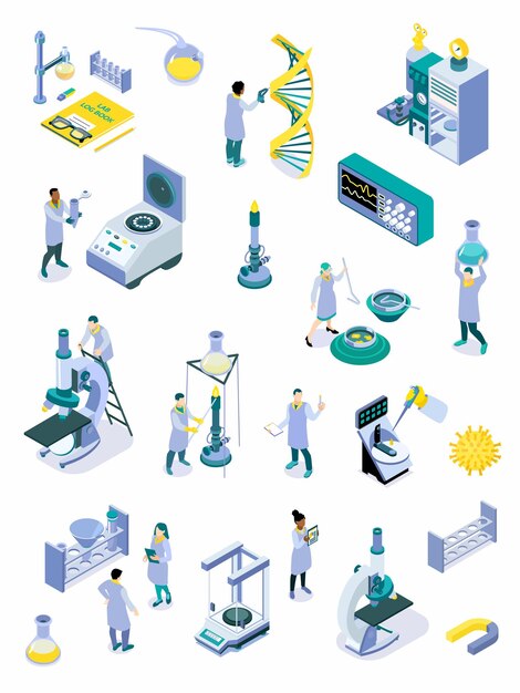 Zestaw ikon kolorów izometrycznego laboratorium naukowego z instrumentami z mikroskopów personelu laboratorium naukowego i urządzeń do ilustracji wektorowych eksperymentów