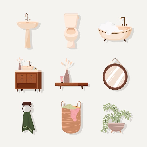 Bezpłatny wektor zestaw ikon łazienkowych i dekoracyjnych