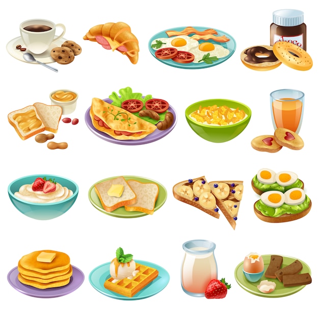 Zestaw ikon menu śniadaniowego śniadaniowego