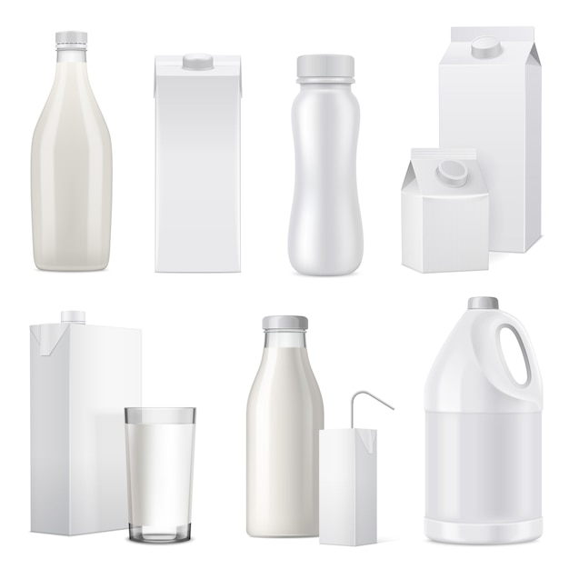 Zestaw ikon na białym tle realistyczne butelki mleka butelki ze szkła z tworzywa sztucznego i papieru
