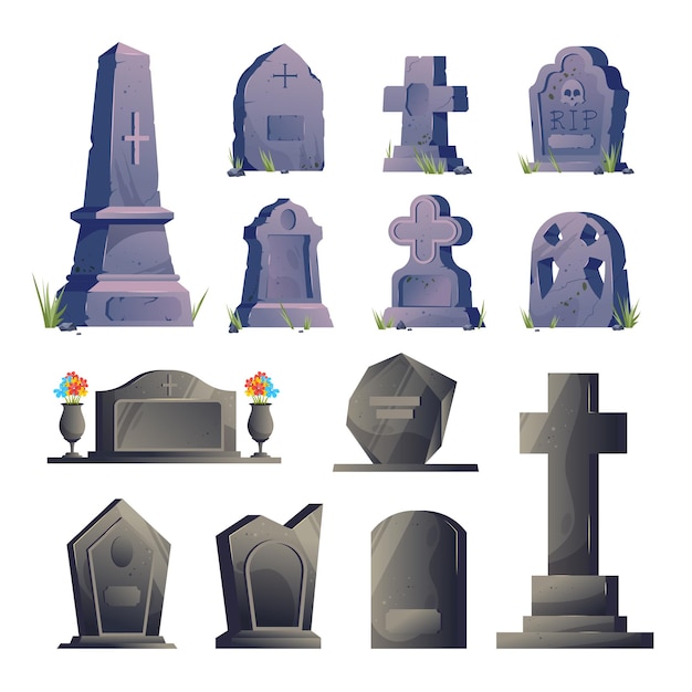 Bezpłatny wektor zestaw ikon nagrobków na cmentarzu