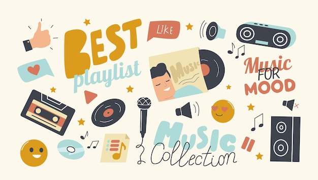 Bezpłatny wektor zestaw ikon najlepsza lista odtwarzania dla motywu kolekcji muzyki