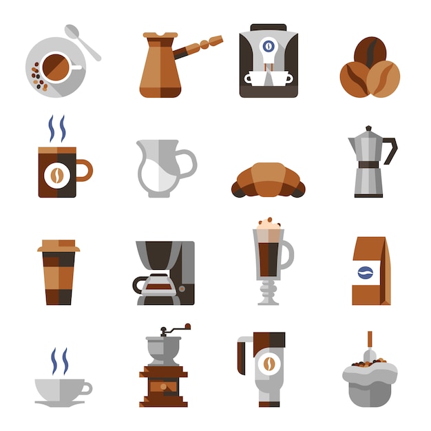 Bezpłatny wektor zestaw ikon płaski kawy