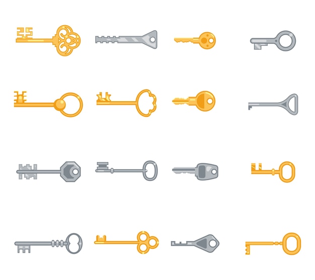 Zestaw ikon płaski klucz. Bezpieczeństwo i dostęp, metalowe antyczne osobiste. Ilustracji wektorowych