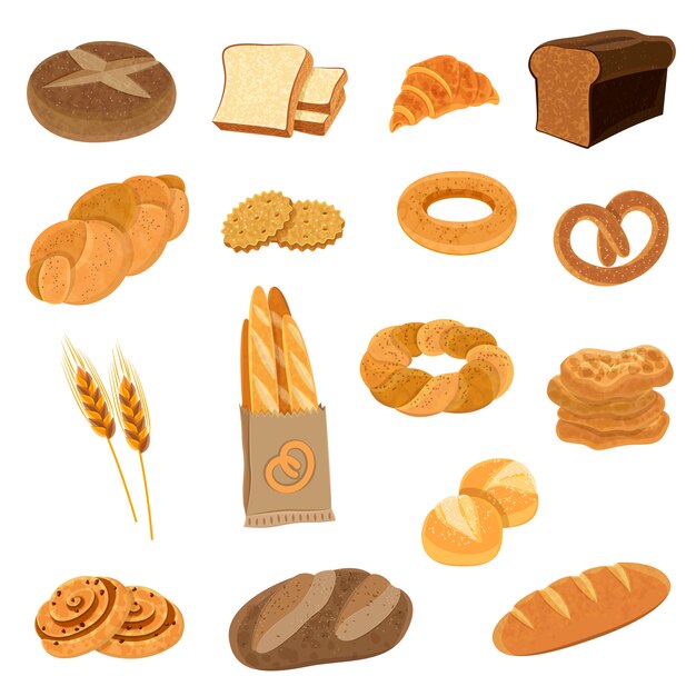 Zestaw ikon płaski świeżego chleba