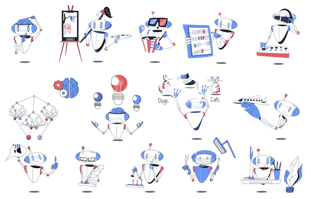 Bezpłatny wektor zestaw ikon płaskich robotów sztucznej inteligencji myśli, że maluje obrazy, podejmuje decyzje i burze mózgów gra w szachy i przeprowadza ilustrację wektorową operacji