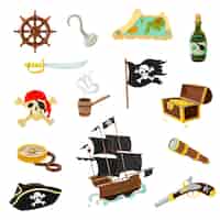 Bezpłatny wektor zestaw ikon płaskie akcesoria piratów