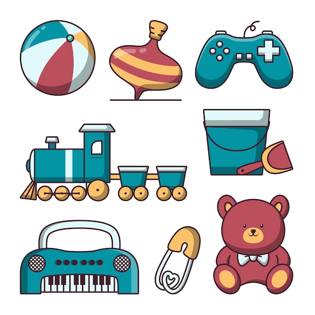 Bezpłatny wektor zestaw ikon przedmiotów dla dzieci z zabawkami i akcesoriami dla dzieci w stylu kreskówki