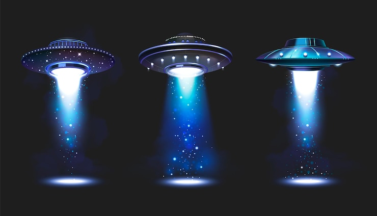 Bezpłatny plik Wektor zestaw ikon statku kosmicznego ufo z latającymi spodkami wystającymi niebieskimi belkami na białym tle ilustracji wektorowych