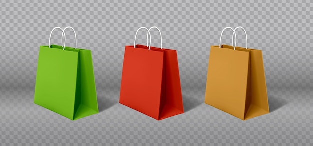 Bezpłatny wektor zestaw ikon wektorowych kolorowe wyprzedaż papierowe torby kartonowe czerwone, zielone i brązowe torby detaliczne z uchwytami