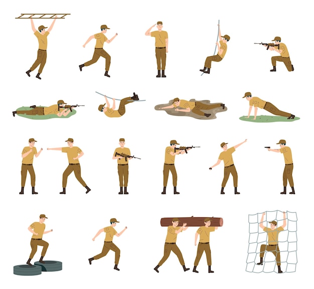 Bezpłatny wektor zestaw ikon żołnierzy płaskich szkolenia wojskowego wykonują ćwiczenia z systemem walki, strzelanie, czołganie się ilustracji wektorowych