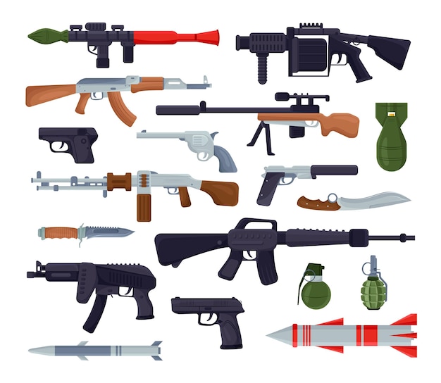 Zestaw ilustracji broni wojskowej. Broń wojskowa, rakieta, granatnik, karabin maszynowy i bazooka na białym tle. Kolekcja broni na białym tle. Wojna, koncepcja bitwy