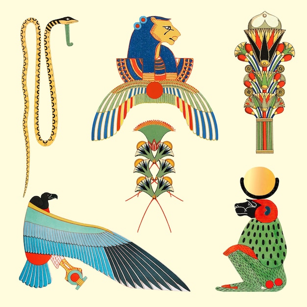 Zestaw ilustracji egipskiego projektu, zremiksowany z dzieł należących do domeny publicznej