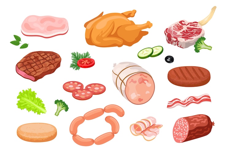 Bezpłatny plik Wektor zestaw ilustracji kreskówka różnych produktów mięsnych. rysunki surowego i pieczonego mięsa zwierzęcego, wieprzowiny, jagnięciny, szynki, salami, bekonu, steku, kurczaka, kiełbasek na białym tle