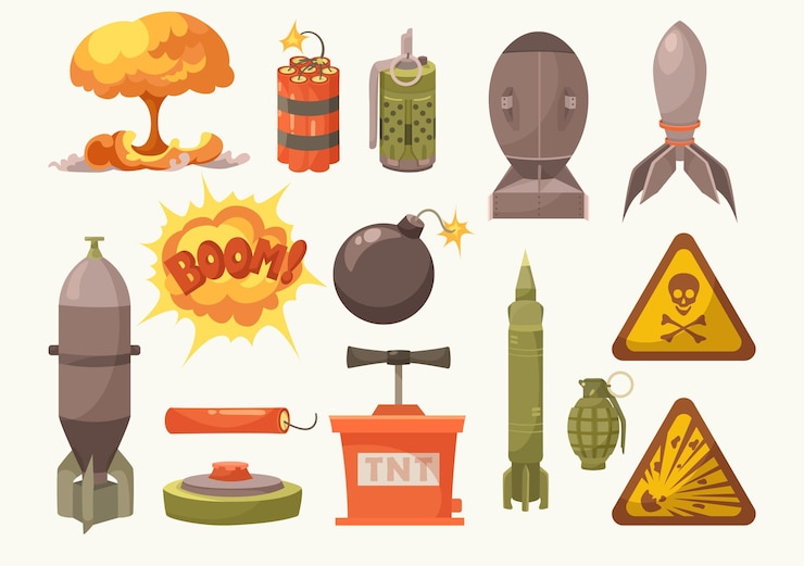 Bezpłatny plik Wektor zestaw ilustracji kreskówka wybuchowa śmiertelna broń. bomba, kopalnia, tnt, granat ręczny, pocisk, pakiet dynamitu, petarda, znak niebezpieczeństwa z czaszką. sprzęt wojskowy, armia, wojna, koncepcja zagrożenia