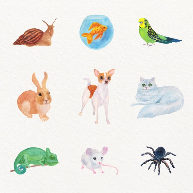 Zestaw ilustracji różnych zwierząt domowych