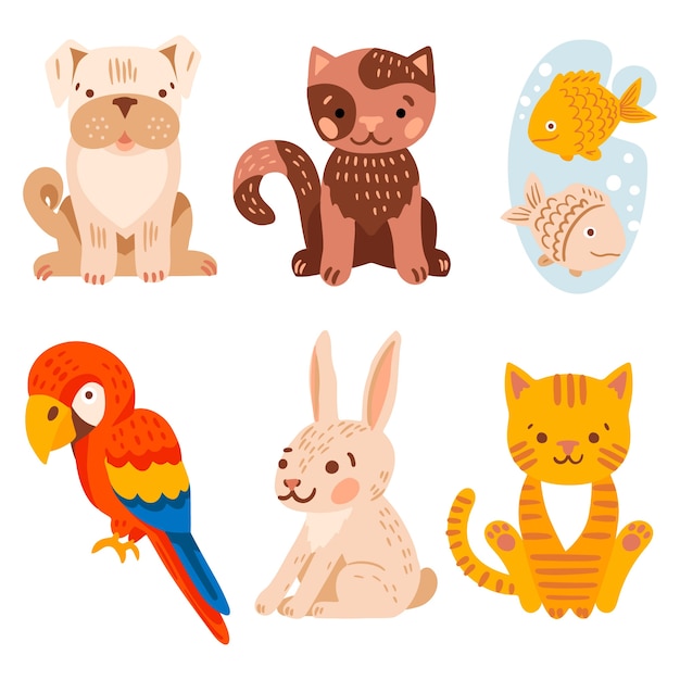 Bezpłatny wektor zestaw ilustracji różnych zwierząt domowych