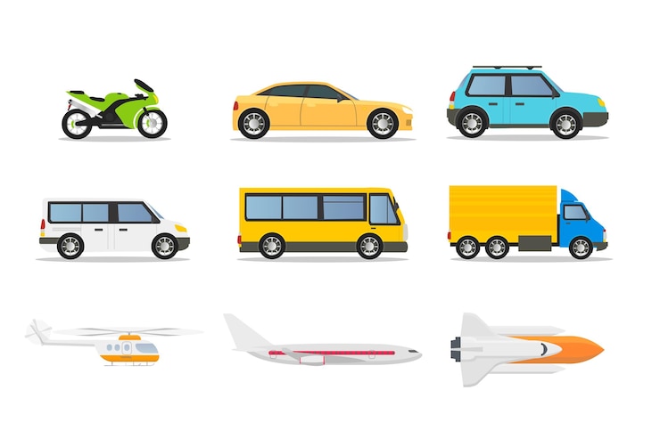 Bezpłatny plik Wektor zestaw ilustracji typów transportu samochód osobowy motocykl autobus miejski helikopter samolot rakieta