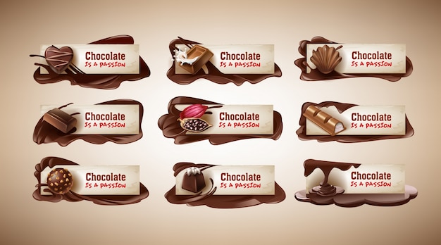 Bezpłatny wektor zestaw ilustracji wektorowych, banery z słodyczy czekoladowych, czekolada, fasola kakaowa i czekolada stopiona