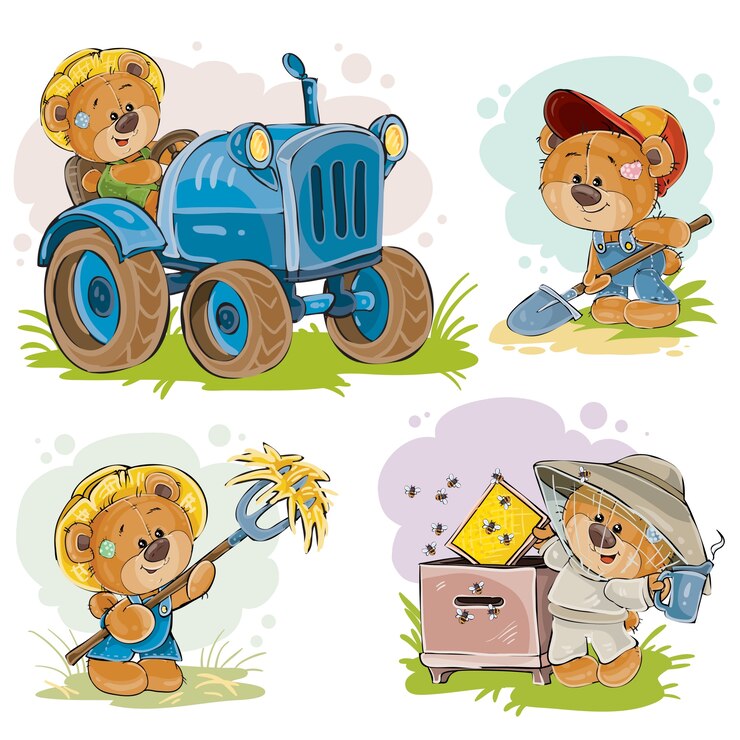Bezpłatny plik Wektor zestaw ilustracji wektorowych kierowcy ciągnika misia, pszczelarz, rolnik.