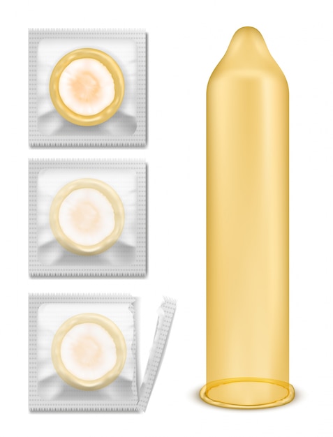 Bezpłatny wektor zestaw ilustracji wektorowych prezerwatywy lateksowej w opakowaniu wyizolowanych na białym tle.