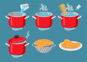 Bezpłatny wektor zestaw ilustracji wektorowych procesu gotowania makaronu. instrukcje lub wskazówki dotyczące przepisów, spaghetti we wrzącej wodzie w garnku, makaron w durszlaku i miska na białym tle na niebieskim tle. jedzenie, koncepcja gotowania