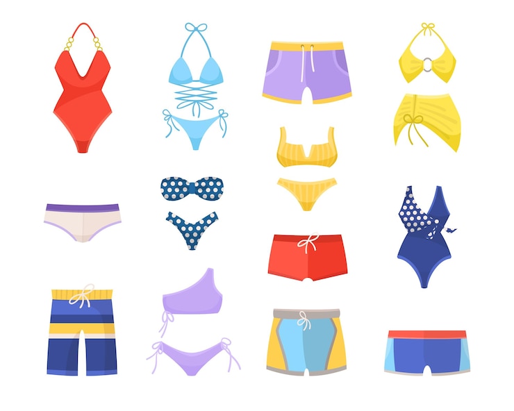 Bezpłatny plik Wektor zestaw ilustracji wektorowych stroje kąpielowe męskie i żeńskie. różne wzory bikini i strojów kąpielowych dla kobiet, spodnie lub bielizna dla mężczyzn, kostiumy kąpielowe na plażę na białym tle. lato, koncepcja mody