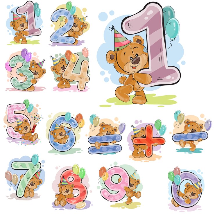 Zestaw ilustracji wektorowych z brązowego misia i liczb i symbole matematyczne.