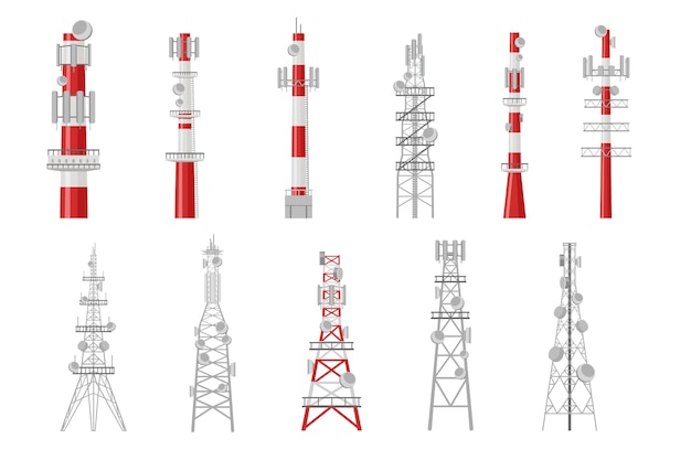 Bezpłatny wektor zestaw ilustracji wież radiowych kreskówek