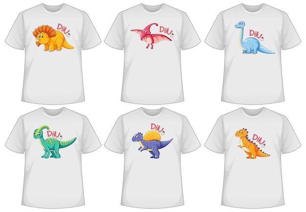 Bezpłatny wektor zestaw innego koloru ekranu dinozaura na koszulkach
