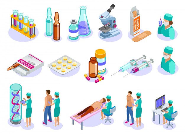 Zestaw izometryczny ikony izolowanych szczepień z postaciami ludzkimi lekarzy pacjentów i leków