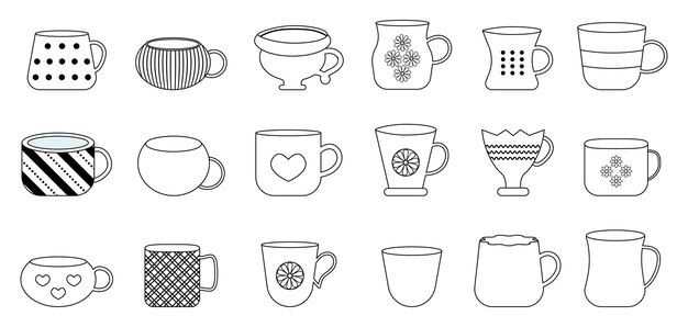 Zestaw kolorowej porcelanowej filiżanki kawy i herbaty ilustracja kreskówka