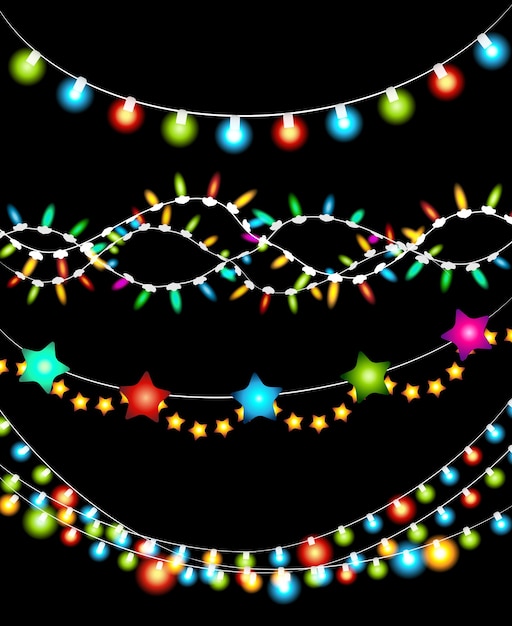 Zestaw Kolorowych Christmas Lights Garland Na Czarnym Tle