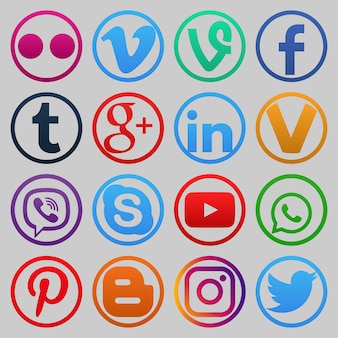 Zestaw kolorowych ikon popularnych mediów społecznościowych youtube instagram twitter facebook whatsapp pinterest