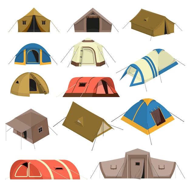 Bezpłatny wektor zestaw kolorowych namiotów turystycznych