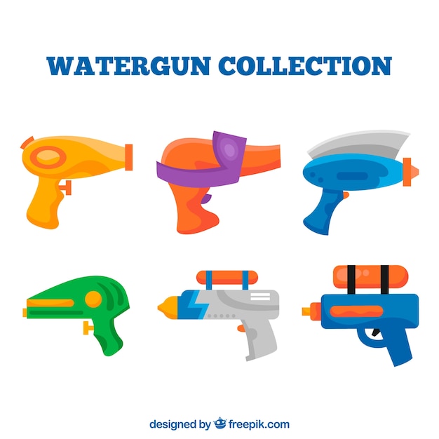Bezpłatny wektor zestaw kolorowych pistoletów na wodę z tworzywa sztucznego