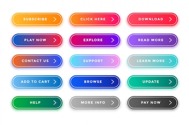 Bezpłatny wektor zestaw kolorowych przycisków internetowych do różnych celów