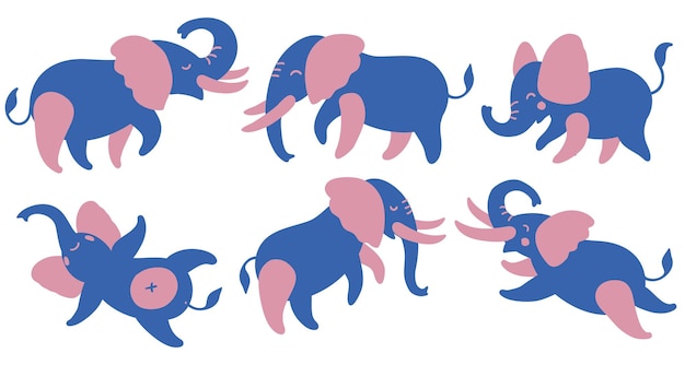 Zestaw kolorowych słoni śliczne słonie z kreskówek w różnych pozach