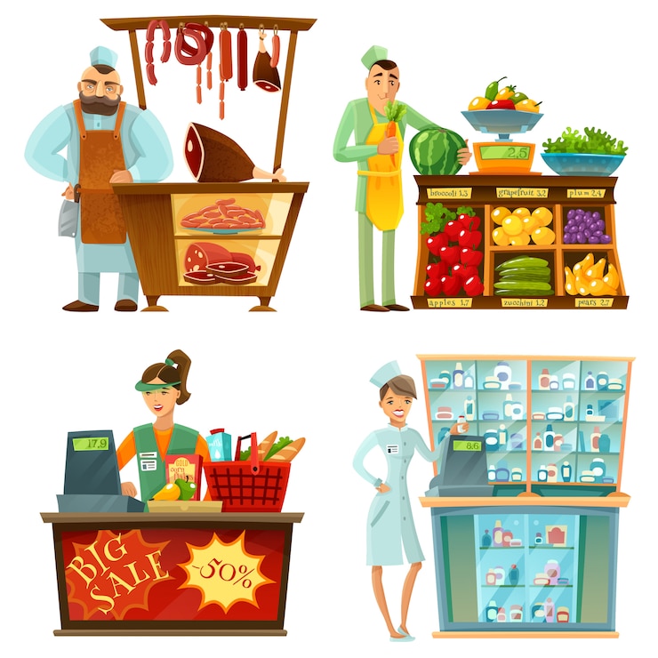 Bezpłatny plik Wektor zestaw kompozycji cartoon counter service sprzedawcy